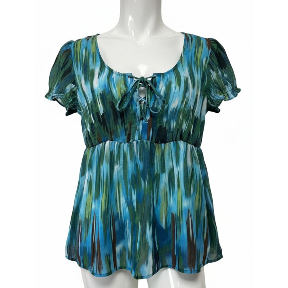 ANA A New Approach Babydoll Tunic Top Size L Green Blue Sheer Festival Y2K FLAW